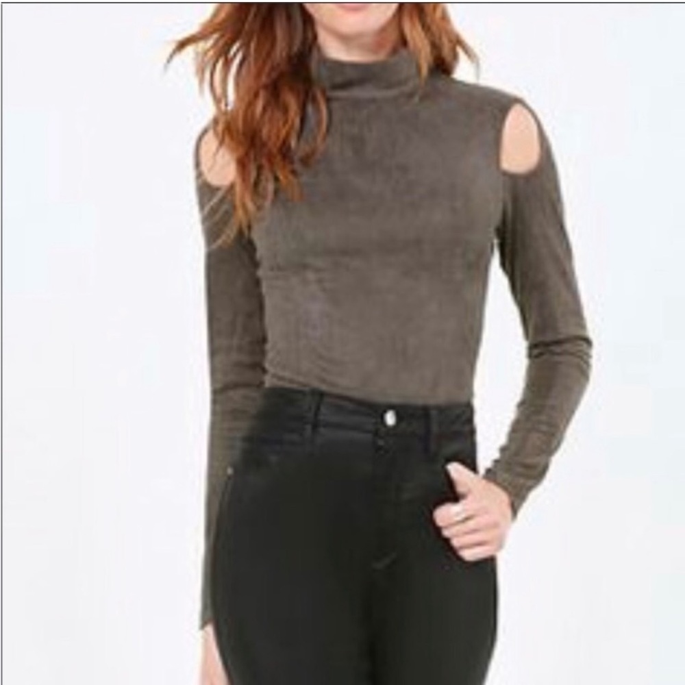 Bebe | Suede Mock Neck Shoulder Cutout Long Sleeve Top